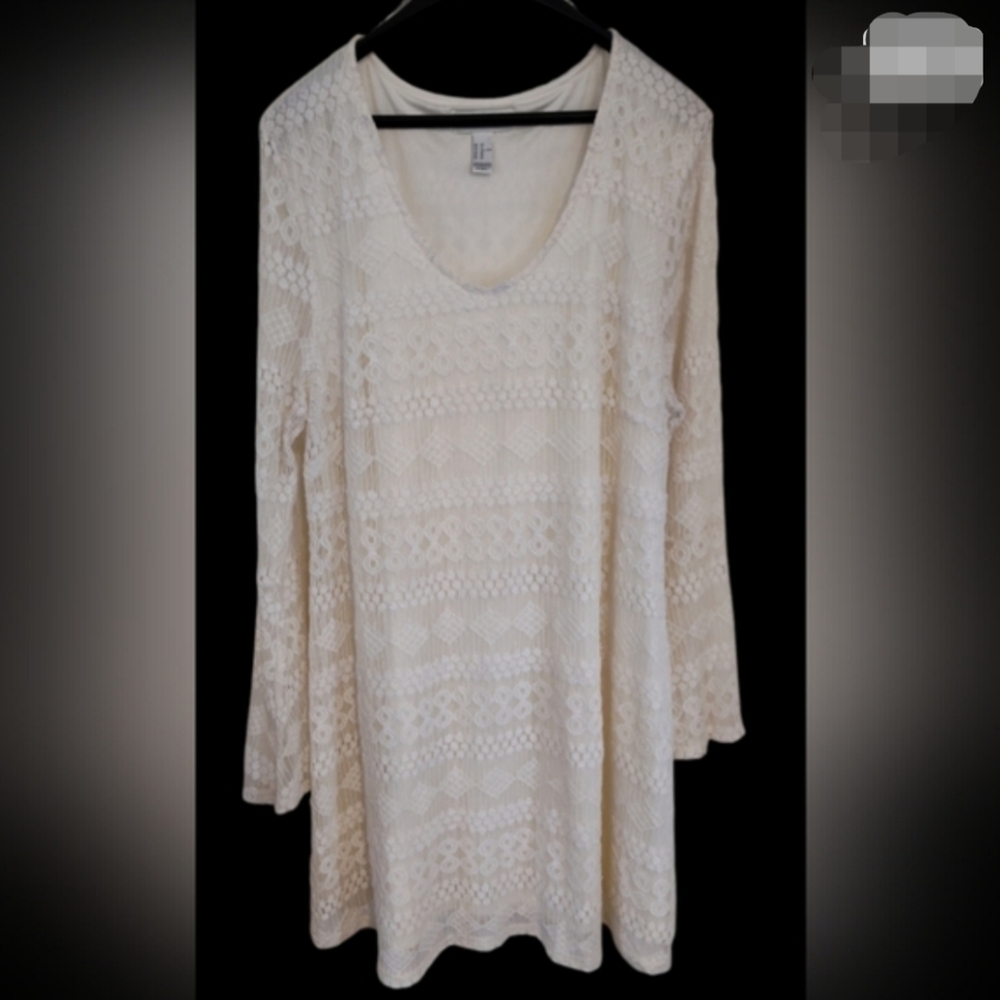 Forever21White Lacey Scoop Neck Lined Bell Sleeve Bridal Beachy Dress 3X + Veil